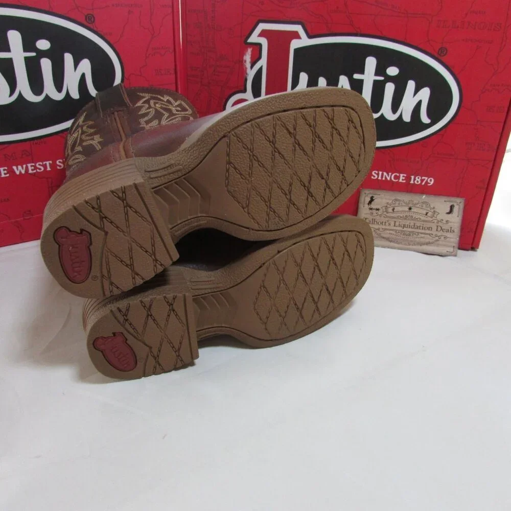 Justin Junior Canter Wide Square Toe Western Boots Roasted Cognac Water Buffalo